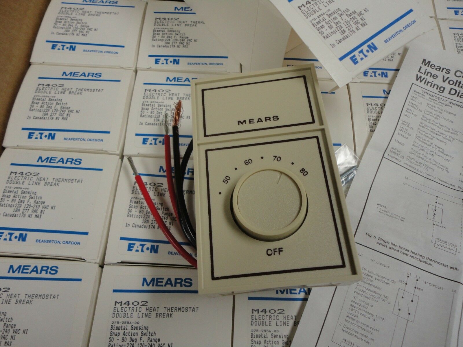 Mears # M402 Electric Heating Thermostat Double Line Break 22 Amp 120/240 Vac